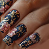 Popxstar  24pcs Mid-length Ballet Press on Nails Reusable Gradient White False Nail Finished with Golden Lines Flower Design Fake Nails