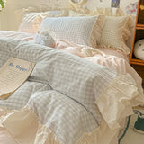 Popxstar Korean Princess Style Bedding Set Soft Skin-friendly Lattice Lace Ruffles Quilt Cover Plaid Style Duvet Covers Set Pillowcases
