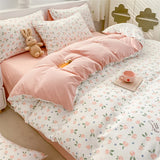 Popxstar Korean Retro Floral Bedding Set 100% Washed Cotton Bed Sheets Set Soft Duvet Cover Bed Linen Pillowcase Single Double Queen King
