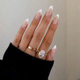 Popxstar 24pcs Simple Long Fake Nails Press on White French Almond False Nails Tips Pearl Bow Design Full Cover Nail Datachable Manicure