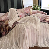 Popxstar  600TC Egyptian Cotton Thickened Brushed Rose Print Lace Ruffles Bedding Set Duvet Cover Flat/Fitted Bed Sheet Pillowcases 4Pcs