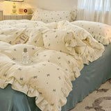 Popxstar  Princess Style Bedding Sets Ruffle Lace Bow Quilt Cover Romantic Bedclothes Decor Woman Girls Bedroom Duvet Cover 4pcs