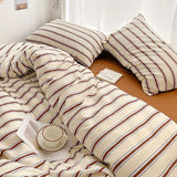 Popxstar  Simple Style Red And Blue Strip Duvet Cover Set Bed Sheet Set Washed Cotton Bedding Set