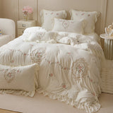 Popxstar  4Pcs Korean Princess Style Bedding Set Rose Flowers Embroidery French Lace Ruffles Milk Velvet Duvet Cover Bed Sheet Pillowcases