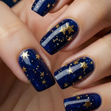 popxstar Shiny Blue Fake Nails 24Pcs Short Square Press On Nails Sparkly Gold Star Designs Reusable Acrylic False Nails Tips for Woman