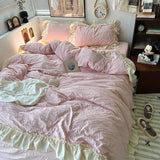 Popxstar Pink Korean Princess Style Lace Ruffles Bedding Set Skin-friendly Seersucker Duvet Cover Set Fitted Sheet/Bed Sheet Pillowcases