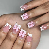 Popxstar  24Pcs French Fake Nail with Pink Bow Short Strawberry Pattern Press on Nails Full Cover False Nails Wearable Square Nail Tips