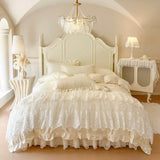 Popxstar  4/6Pcs Princess Wedding Bedding Set 600TC Egyptian Cotton Double Layer Lace Ruffles Duvet Cover Bed Skirt Bedspread Pillowcases