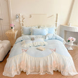 Popxstar  Butterfly Embroidery Lace Ruffles Princess Bedding Set Warm Velvet Duvet Cover Bed Sheet/Bed Skirt/Fitted Sheet Pillowcases 4Pcs