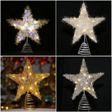 Creative 3D Glitter Star Christmas Trees Topper Hollow Light Up Xmas Tree Ornament Party Decoration Iron Glowing Tree Topper