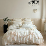 Popxstar  4Pcs French Princess Style Carved Velvet Warm Winter Bedding Set Double Layer Lace Duvet Cover Flat/Fitted Bed Sheet Pillowcases