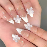 Popxstar 24pcs Simple Long Fake Nails Press on White French Almond False Nails Tips Pearl Bow Design Full Cover Nail Datachable Manicure