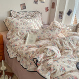 Popxstar Korean Style Floral Ruffles Knitted Double Yarn Bedding Set Double King Queen Size Duvet Cover Flat/Fitted Bed Sheet Pillowcases