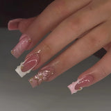 Popxstar 24Pcs Pure White French Press on Nails Long Square Head False Nails with Pearl Pink Bow Design Ballet Wearable Fake Nails