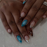 Popxstar  24pcs Leopard Print French Fake Nails Tips Yellow Short Oval False Nail Art Wearable Flower Almond Press on Nails Sets Finished