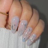 Popxstar 24pcs Romantic Y2k Star Press On Nails Gradient Blue French Style Gold Moon Designs Fake Nail Sweet Almond False Nails For Women