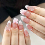 Popxstar 24pcs Sweet False Nail Patches Detachable Fake Nail Tips With Bowknots Love Heart Pearl Design Pink Almond Korean Press On Nail