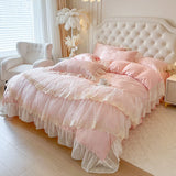 Popxstar  4/6Pcs Pink Butterfly Jacquard Three-layer Lace Ruffles Princess Wedding Bedding Set Duvet Cover Bed Skirt Bedspread Pillowcases