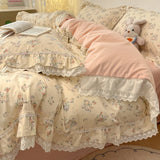 Popxstar  4Pcs Vintage French Fresh Floral Lace Ruffles 100% Cotton Bedding Set Duvet Cover Bed Skirt/Bed Sheet/Fitted Sheet Pillowcases