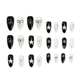 Popxstar  White Almond Press On Nails 24Pcs Black Wearable Full Cover Fake Nails Silver Star Bowknot Printed Y2K Girls Charm False Nails