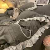 popxstar Blue Four-piece Set Celebrity Princess Style Ruffled Quilt Cover Bed Skirt Style Solid Color Three-piece Bedding Set