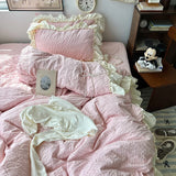 Popxstar Pink Korean Princess Style Lace Ruffles Bedding Set Skin-friendly Seersucker Duvet Cover Set Fitted Sheet/Bed Sheet Pillowcases