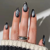 Popxstar  24Pcs Punk Metal Fake Nails Long Almond Press On Nails Black Mirror y2k Nail Tips Full Cover Stiletto False Nails For Girls