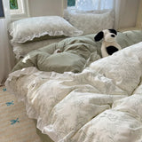 Popxstar Blue Floral Ruffle Duvet Cover Set Queen Flower Leaf Comforter Covers 4Pcs Soft Luxury Pastoral Garden Washed Cotton Bedding Set