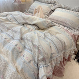 Popxstar  3/4Pcs Korean Princess Style Floral Lace Ruffle 100% Cotton Bedding Set Duvet Cover Bed Skirt/Bed Sheet/Fitted Sheet Pillowcases