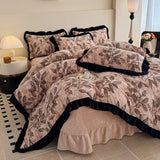 French Winter Thickened Milk Fleece 4pcs Bedding Sets Flower Warm Quilt Cover Bedspread for Women Bedroom