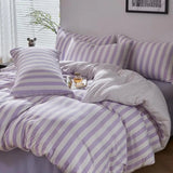 4Pcs Washed Microfiber Vertical striped colorful Bedding Set, Sweet Style Soft Duvet Cover with Zipper Flat Sheet Pillowcases