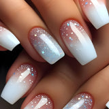 Popxstar 24pcs Pink Gradient Design Fake Nails Set White Mid-length Ballet False Nail Tips Finished Simple Wearable Square Press on Nails