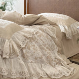 Popxstar  4/5Pcs French Vintage jacquard Lace Ruffles 100% Cotton Double Layer Yarn Bedding Sets Duvet Cover Flat/Fitted Sheet Pillowcases