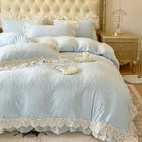 Popxstar  4Pcs Vintage French Romantic Lace Ruffles Carved Velvet Warm Winter Princess Bedding Set Duvet Cover Set Bed Sheet Pillowcases