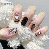 Popxstar  24pcs Y2K Fake Nails with Lovely Black Heart Designs Reusable French False Nails Full Cover Short Press On Nails for y2k Girls