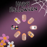 Popxstar  Halloween Nails Press On 24Pcs Short Oval Shaped Fake Nails White Ghost/Flower/Bat/Spider/Web/Pumpkin Designs False Nails Art