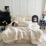 Popxstar  Rose Embossing Quilted Duvet Cover Set Vintage Lace Ruffles Pure Cotton Bedding Set Bed Sheet/Bed Skirt/Fitted Sheet Pillowcases