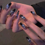 Popxstar 24pcs Long Ballet Coffin Wearable Dark Black Star French False Nails Full Cover Rhinestones Fake Nails Set Press On Nail Tips