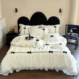 Popxstar Romantic Lace Princess Black Bow Bedding Set Pink Korean Style Duvet/Comforter Cover Set Bed Sheet/Fitted Sheet Pillowcases 4Pcs
