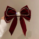 Popxstar Big Velvet Bowknot Inlaid Rhinestones Imitation Pearl Hair Clips for Women Girls Vintage Soft Hairgrip Autumn Winter Accessories