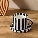 Popxstar  Retro Minimalist Striped Hand Drawn Cups Plate Set Ceramic Tableware Coffee Cups Afternoon Tea Milk Mugs Drinkware Holiday Gifts