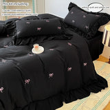 Popxstar 3pcs bow embroidery Bedding set ruffles Duvet Cover Set (1*Duvet Cover + 2*Pillowcase, Without Core)for bedroom guest room