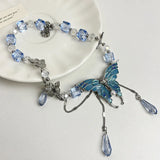 Popxstar  Y2K Hot Girl Green Butterfly Necklace Imitation Crystal Beaded Tassel Collarbone Chain Exquisite Fashionable Neckband Girls Gift
