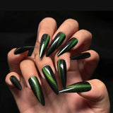 Popxstar 24Pcs Solid Color Green Fake Nails with Jelly Glue Long Almond Press on Nails Cat’s Eye Design Simple Wearable False Nail Tips