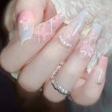 Popxstar Blush Pink False Nails Bowknot Diamond Pearl 3D Design Press on Nail Tips with Harmless Smooth Edge Nails Woman DIY Fake Nails