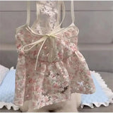 Pet Daily Street Walking Floral Sling Dress Soft Thin Cherry Blossom Ruffle Hem Cool Summer Mini Skirt