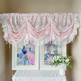 popxstar Korean Romantic Pink Flower Ruffled Lace Small Curtain Pink Tie up Adjustable Sheer Window Drapes For Living Room and Bedroom