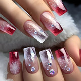 Popxstar 24pcs Solid Color Nail Fake Simple Love Design Mid-length Ballet False Nail Tips Red Wearable Lines Square Press on Nails Art