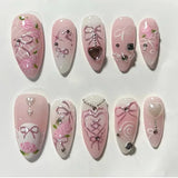 Popxstar 24pcs Sweet False Nail Patches Detachable Fake Nail Tips With Bowknots Love Heart Pearl Design Pink Almond Korean Press On Nail