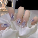 Popxstar 24pcs Red Ballet False Nails Butterfly Fake Nail Glitter Short with Rhinestone French Design Full Cover Press on Nails Tips Art